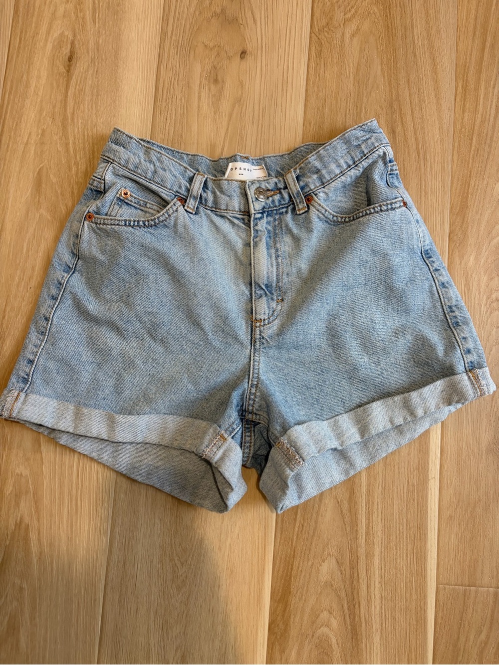 Topshop High-Rise Light Blue Denim Mom Shorts